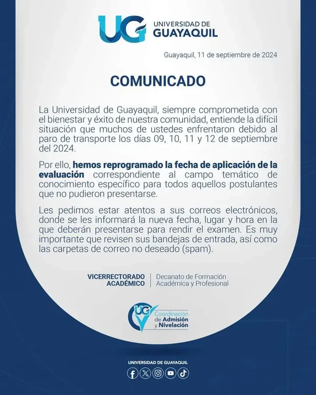 Reprogramación del Examen en la Universidad de Guayaquil 2024 por Paro de Transporte