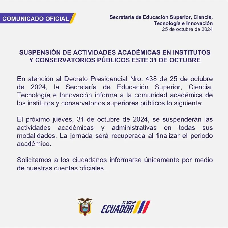 Suspensión de Actividades Académicas: Institutos y Conservatorios Públicos el 31 de Octubre