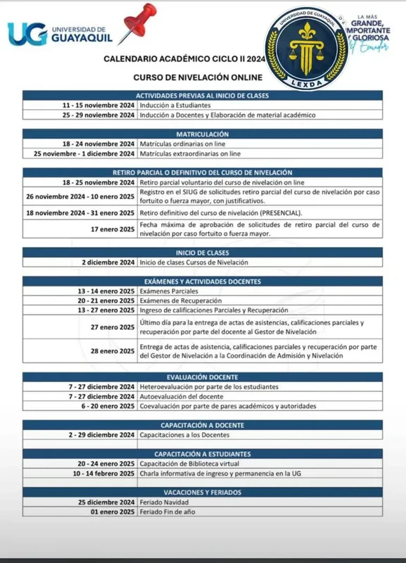 UG Universidad de Guayaquil - Calendario Curso de Nivelación Online