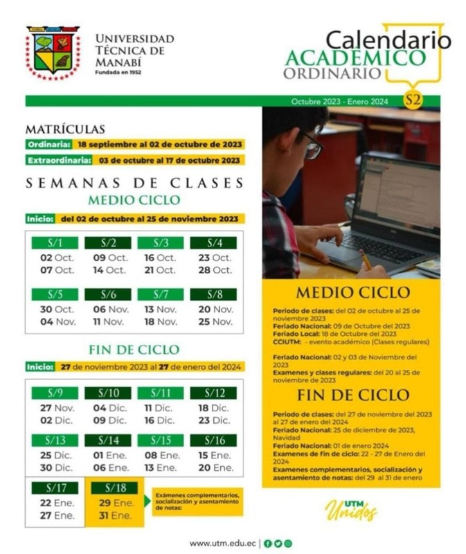 Calendario Académico Ordinario de la UTM (Universidad Técnica de Manabí) 2S 2023