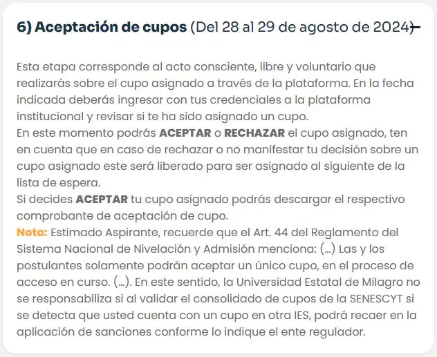 Aceptación de Cupos UNEMI: Del 28 al 29 de Agosto de 2024