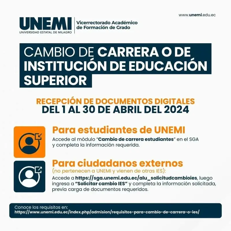 Requisitos para cambios de Carrera o de Institución de Educación Superior (IES) UNEMI 2024 1S