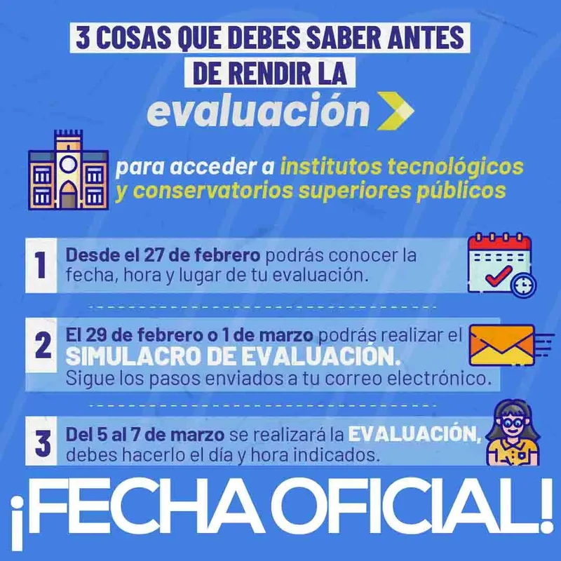 Fecha Oficial de Evaluación para Acceder a Institutos Tecnológicos y Conservatorios Superiores Públicos