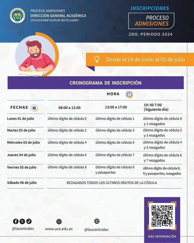 Cronograma de Inscripción - Mes de Julio 2024 | Universidad Central del Ecuador
