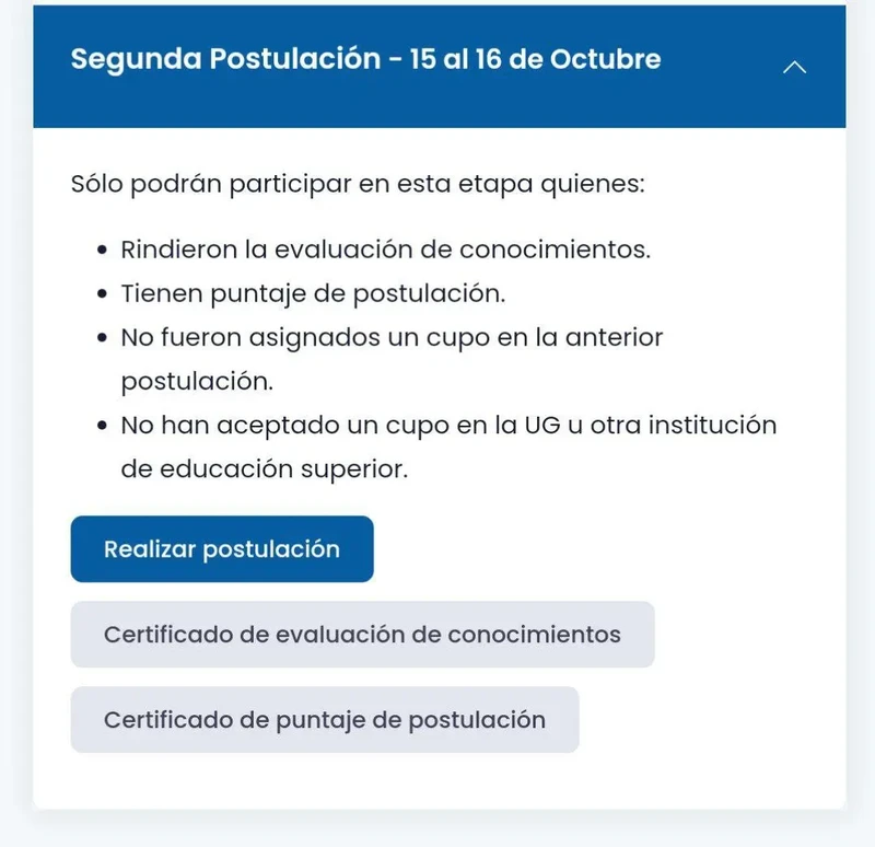 Segunda Postulación UG: 15 y 16 de octubre