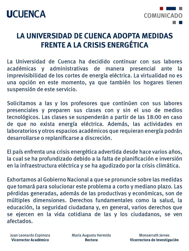 UCuenca Implementa Medidas Presenciales ante la Crisis Energética 2024