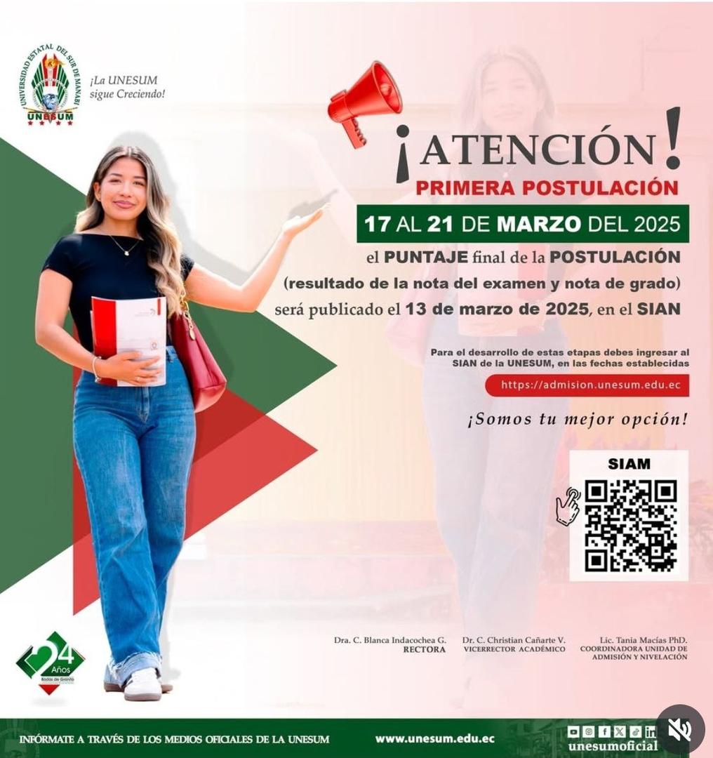 Primera Postulación UNESUM 2025 1s | Universidad Estatal del Sur de Manabí